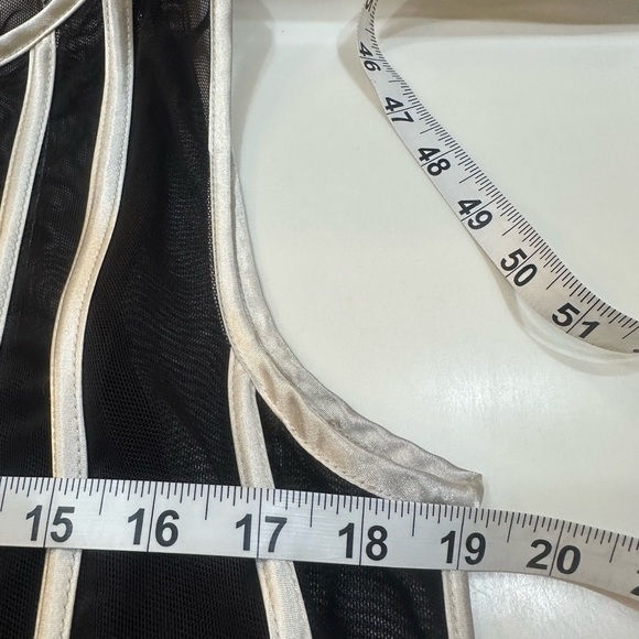 SANDRA DARREN MIDI Black Mesh Dress White Stripes Under-slip Included Size 12 - Picture 6 of 7